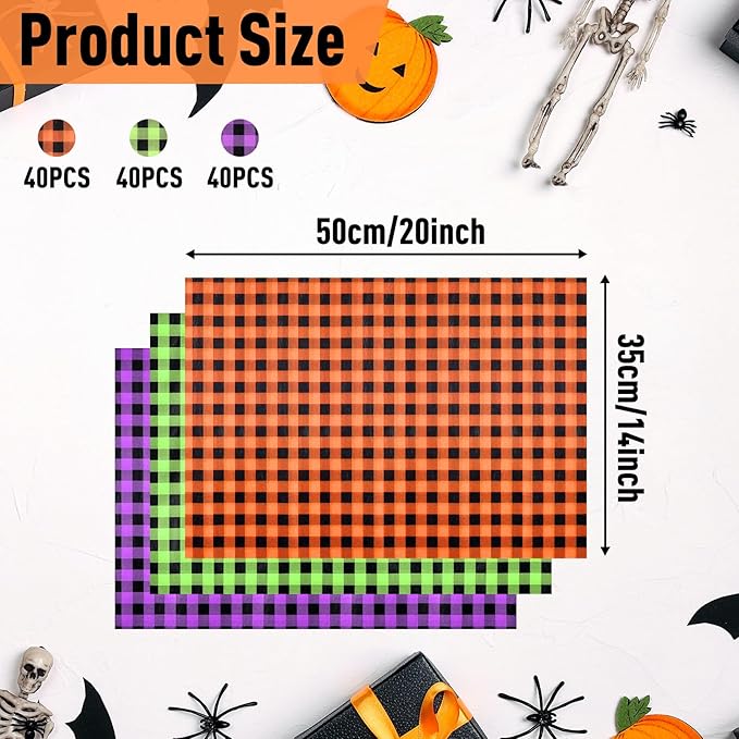 NEBURORA 120 Sheets Halloween Tissue Paper 14 x 20inch Orange Green Purple Buffalo Plaid Wrapping Paper for DIY Craft Gift Bags Halloween Party Supplies