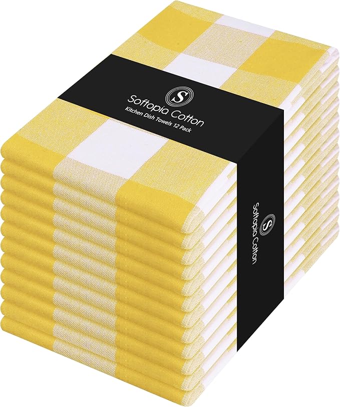 Buffalo Check Kitchen Towels, 16x26 Inches, 12 Pack Plaid Tea Towels, Reusable Cotton Dish Cloths, Quick Drying, Absorbent Towel for Cooking, Drying Dishes, Lemon Yellow and White
