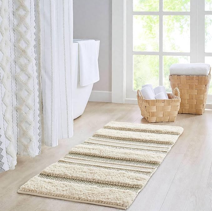 Ink+Ivy Bath Rug Hand-Woven Texture Shaggy Striped Soft & Water Absorbent, Boho Bathroom Décor Bath-Mats, Non-Slip Absorbent Quick Dry Mats for Tub, Shower Room, Asher, 22x58, Sage Green 1 Piece