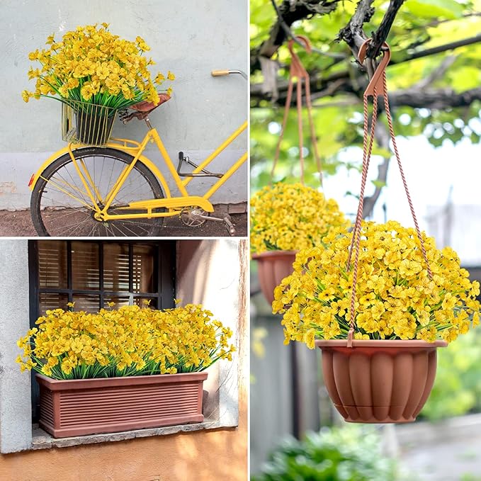 Ouddy Decor 24 Bundles Artificial Flowers for Decorations Fake Silk Plants for Outdoors UV Resistant Faux Plastic Greenery Stems for Garden Porch Window Box Home Spring Decor, Yellow