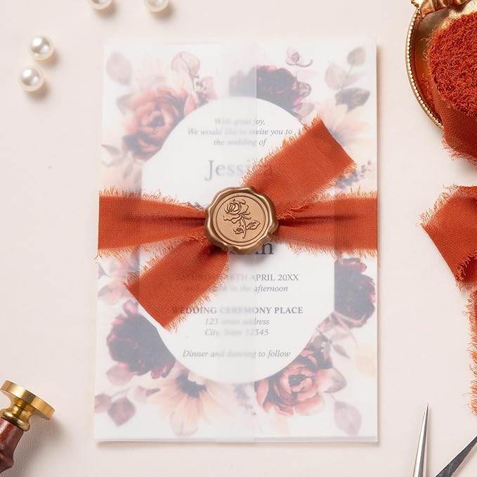 DORIS HOME Burnt Orange Chiffon Ribbon for Flower Bouquet, 1" x21Yd Fabric Ribbon for Gift Wrapping, Handmade Frayed Ribbon for Wedding Invitations/Christmas Decorations