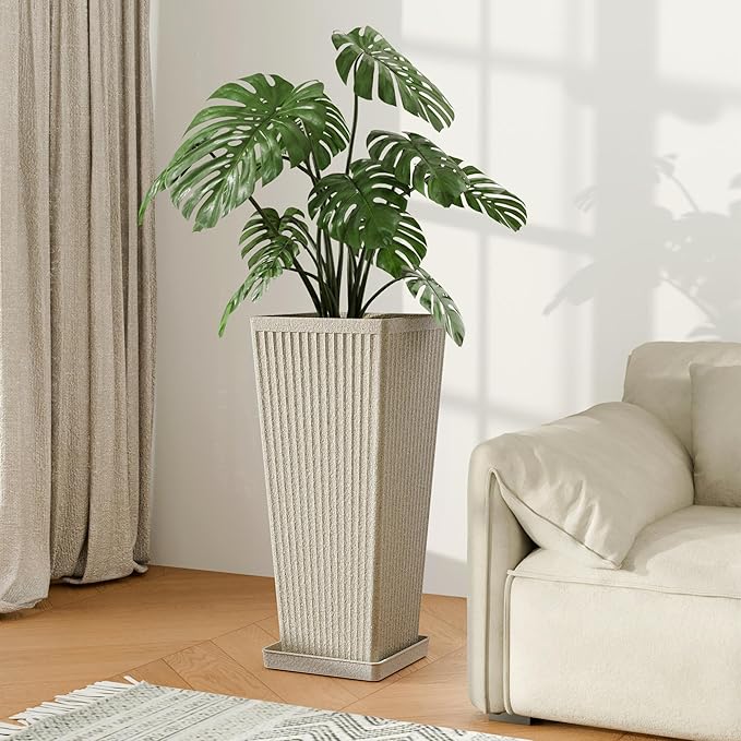 Square Tall Planters for Outdoor Plants Set of 2-23.6" Heavy-Duty Classic Tapered Indoor Flower Pots with Drainage Holes/Partition/Tray, Large Outdoor Planters for Porch Patio Garden, Beige