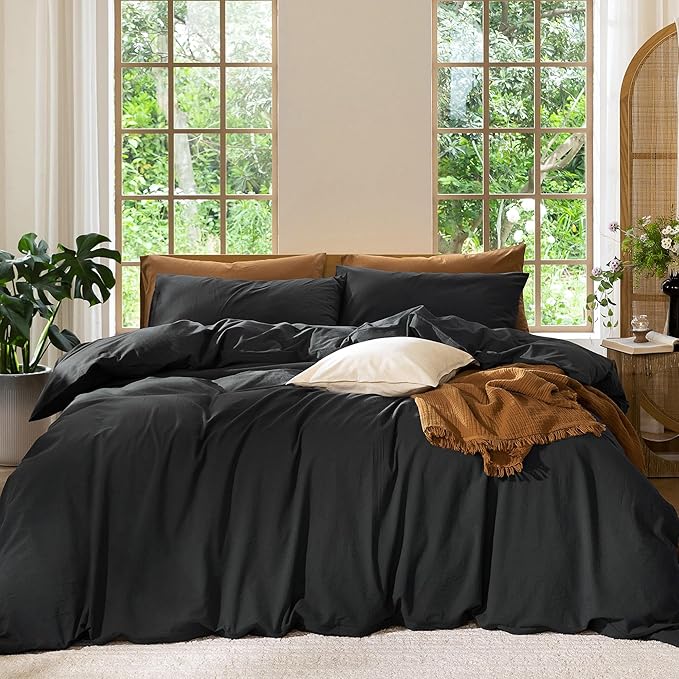MooMee Bedding Duvet Cover Set 100% Washed Cotton Linen Like Textured Breathable Durable Soft Comfy (Solid Black, Palatial King/Oversized King 120"x98")