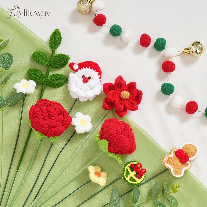Crochet Flower Bouquet, Handmade Knitted Flowers, Green Crochet Bouquet for Lover Christmas,Birthday, Anniversary, Wedding Gifts(Include Card)