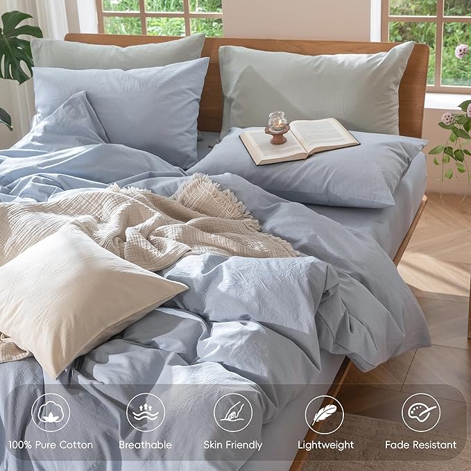 MooMee Bedding Duvet Cover Set 100% Washed Cotton Linen Like Textured Breathable Durable Soft Comfy (Heathered Cornflower Blue, Alaska King 132"x120")