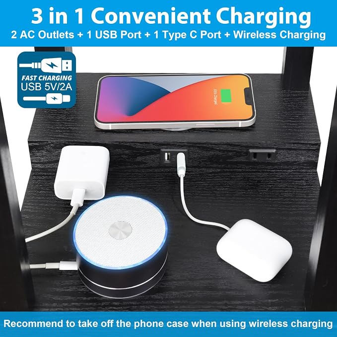 Mlambert Modern Shelf Floor Lamp with Wireless Charger & Fast Charging USB Ports & Type C Port & 2 Power Outlets,3 Tier Storage Lamp for Bedroom,Black