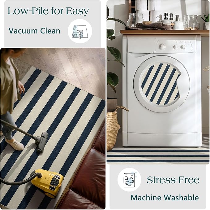 Blue and White Striped Entry Rug - 3x5 Ft Washable Indoor Outdoor Front Door Mat Outside Entrance Front Porch Mat Non-Slip Floor Carpet for Bedroom Entryway Kitchen Office Porch Decor