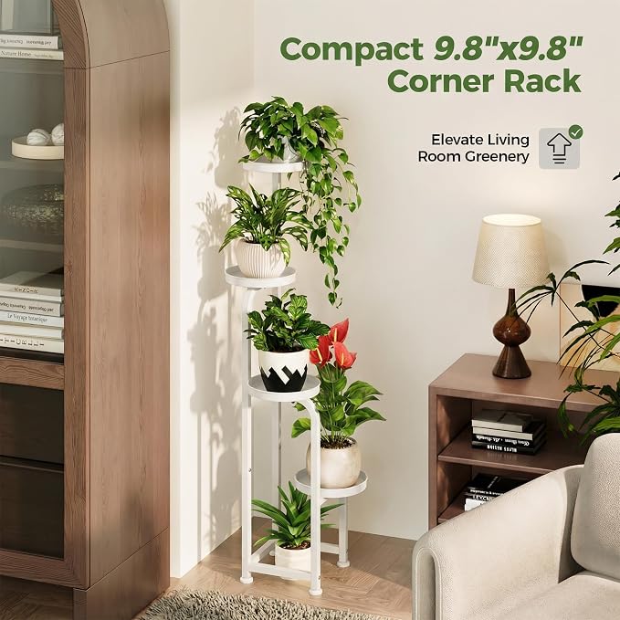Bamworld Corner Plant Stand Indoor Outdoor, Tall Metal Flower Pot Stands for Multiple Plants, 4 Tier White Heavy Duty Plant Shelf for Patio Garden Balcony Living Room Bedroom(Patent Design)