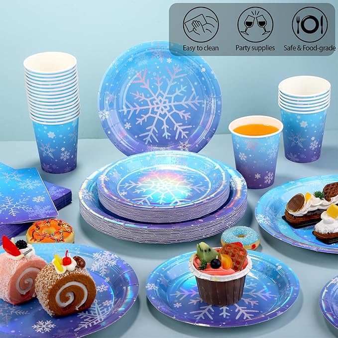 96 Pieces Frozen Iridescent Winter Snowflake Birthday Party Supplies Snowflake Tableware Set Disposable Paper Plates Cups Napkins Serve 24 Guests for Christmas Winter Wonderland Decorations