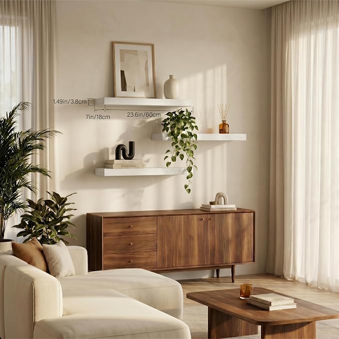 Floating Shelves for Wall, Bathroom Shelves Over Toilet, Wall Shelves & Book Shelf for Room, Hanging Shelf, Modern Wooden Mounted Floating Shelves, 24x7x1.5 in (White, Set of 3)