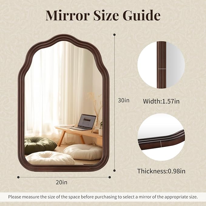 Tanmicoshomy Rustic Wood Bathroom Mirror 20x30 Inch, Arched Wall Mirrors with Tempered Glass for Living Room, Bedroom or Entryway(Dark Brown)