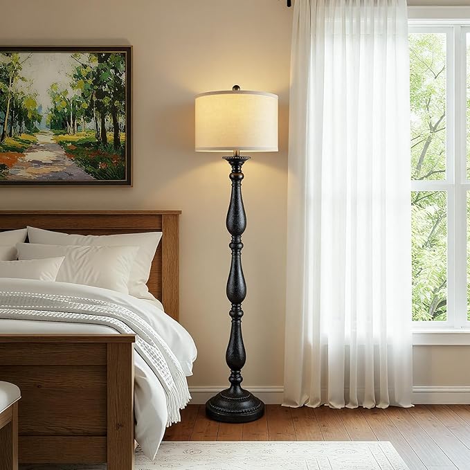 PARTPHONER Vintage Floor Lamp for Living Room, Rustic Farmhouse Standing Lamp with Rotary Switch and Linen Shade, Retro Resin Floor Lamp for Bedroom, Corner, Dining Room, House Decor, Black