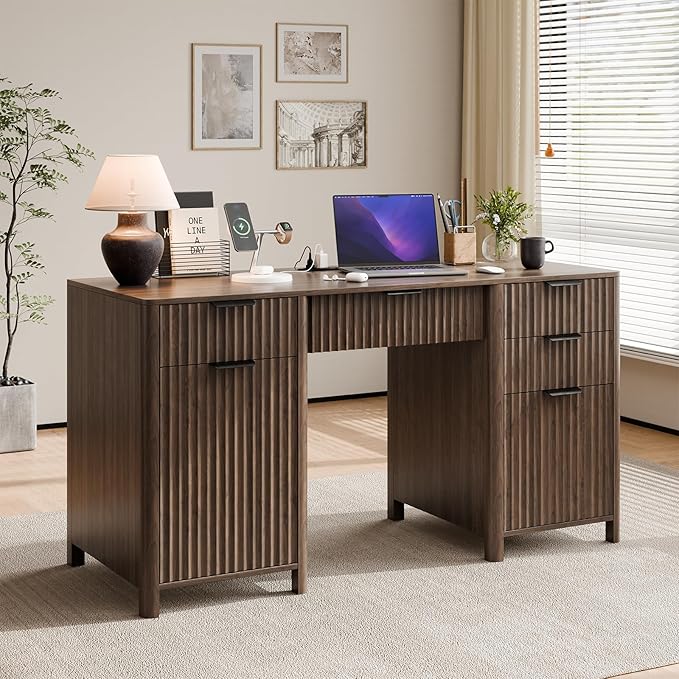 58" Fluted Home Office Desks with Storage, Modern Executive Desk Computer Desks with 5 Drawers & Cabinet, Wood Work Desk File Drawer for Office, Bedroom, Study, Living Room, Walnut