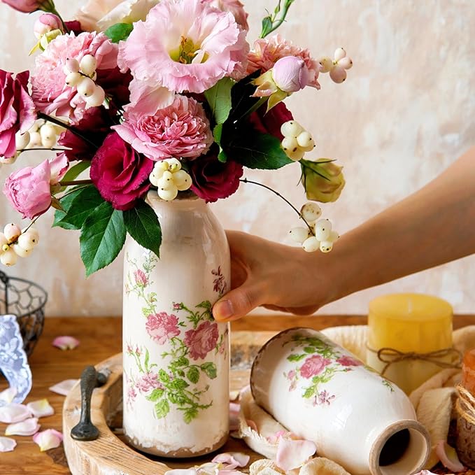 Vintage Rose-Floral Small Ceramic Vase Set, Retro Rustic Farmhouse Cute Flora Vase Gift, Art Décor for Your Home, Kitchen, Bedroom, Office, Living Room, Bathroom & Shelf Centerpiece Table Decorations