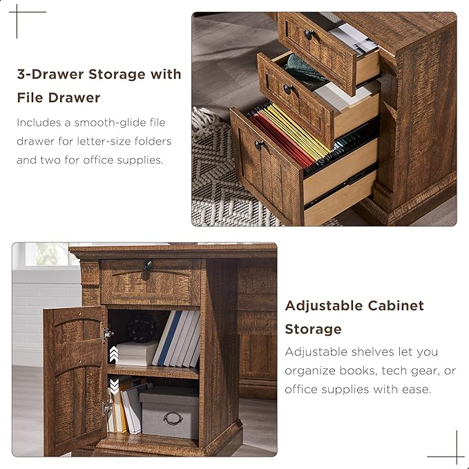 OKD 60" L Shaped Executive Desk with Hutch and Drawers, Farmhouse Home Office Desk with Charging Station, File Cabinet Storage, Wood Corner Computer Desk for Work and Study, Reclaimed Barnwood