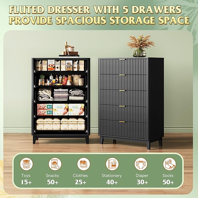 WLIVE Fluted Dresser for Bedroom with 5 Drawers, 46.26" Tall Wooden Dresser with Golden Metal Handles, Mid Century Modern Chest of Drawers for Living Room, Hallway, Closet, Solid Black