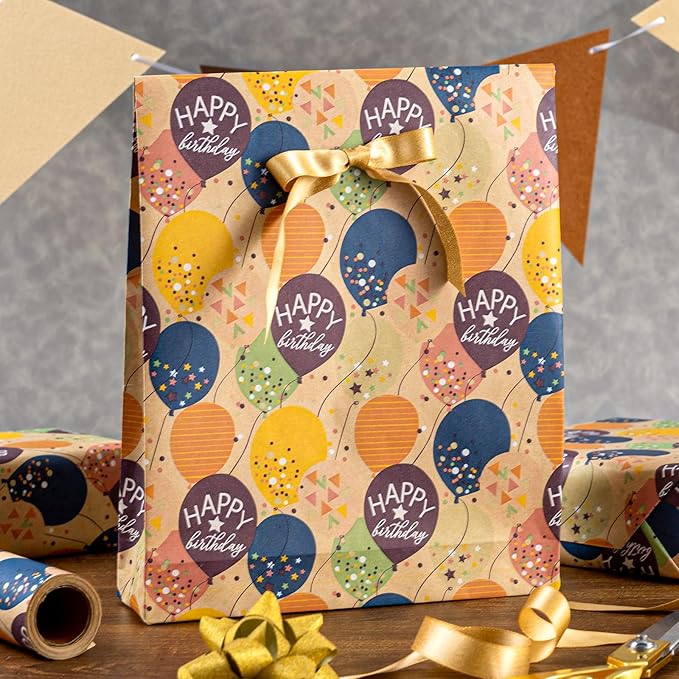 MAYPLUSS Birthday Wrapping Paper Roll, Colorful Ballon Kraft Happy Birthday Gift Wrap for Boys Girls Men Women 17 IN x 16.4 FT