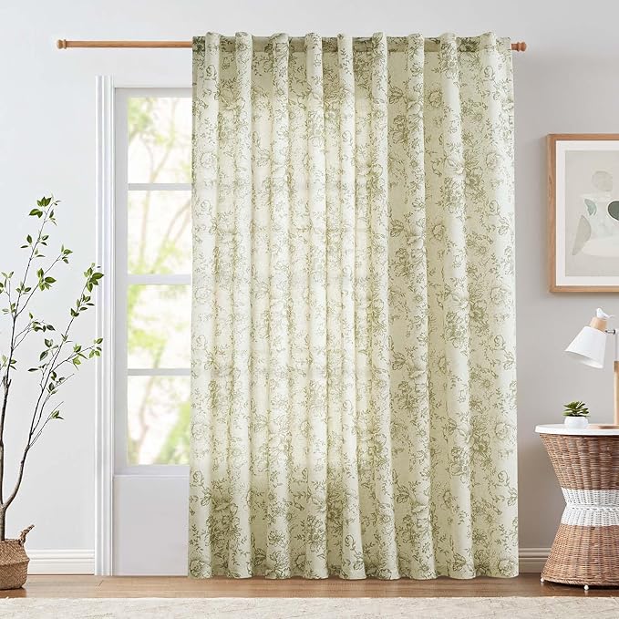 jinachan Linen Floral Curtains Extra Wide for Patio Sliding Glass Door Room Divider Curtain for Living Room Christmas Drapes 90 Inch Length Farmhouse Peony Green Printed Curtain Set 1 Panel
