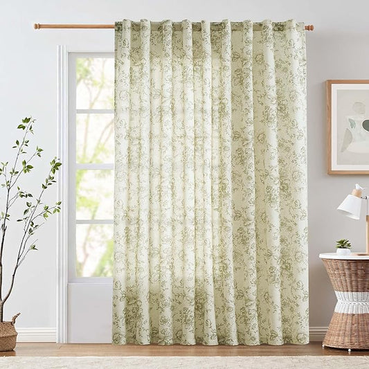 jinachan Linen Floral Curtains Extra Wide for Patio Sliding Glass Door Room Divider Curtain for Living Room Christmas Drapes 84 Inch Length Farmhouse Peony Green Printed Curtain Set 1 Panel