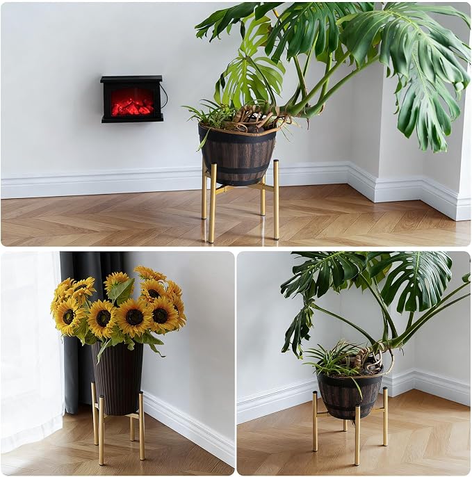 Adjustable Metal Plant Stand Indoor, Fits 8-14 Inch Pots, Mid Century Modern Gold Planter Holder,2 Heights, Heavy Duty 160 lb, Indoor Outdoor Corner Floor Pot Stand, Golden 2 Pack
