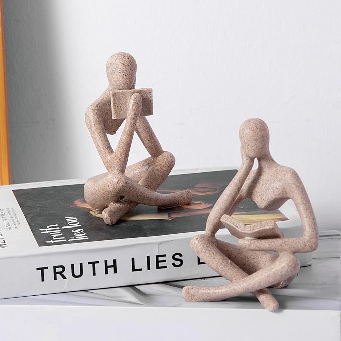 Reading Thinker Statue, Sculptures Abstract Art Ornament, Modern Aesthetic Figurine Decoration Set of 2 Status for Home Living Room Bedroom Office Shelf Table Desk Bookshelf Decor (Sandstone)