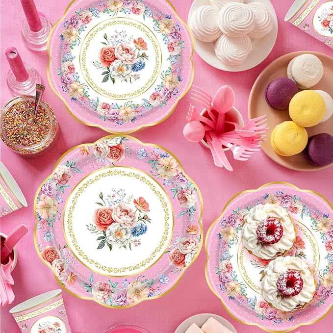 140Pcs Tea Party Decorations Tableware Set Floral Plates and Napkins for Birthday Party, Baby Showers, Bridal Showers, Wedding Bachelorette Party Supplies Floral Tea Party Plates, Serves 20 (Pink)