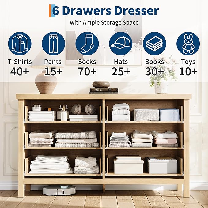 GarveeHome Fluted 6 Drawer Dresser for Bedroom, 47.4 in Wide Mid Century Modern Chest of Drawers, Wooden Fluted Dresser Chest with Clothes Storage Cabinet, Drawer Organizer for Living Room, Natural