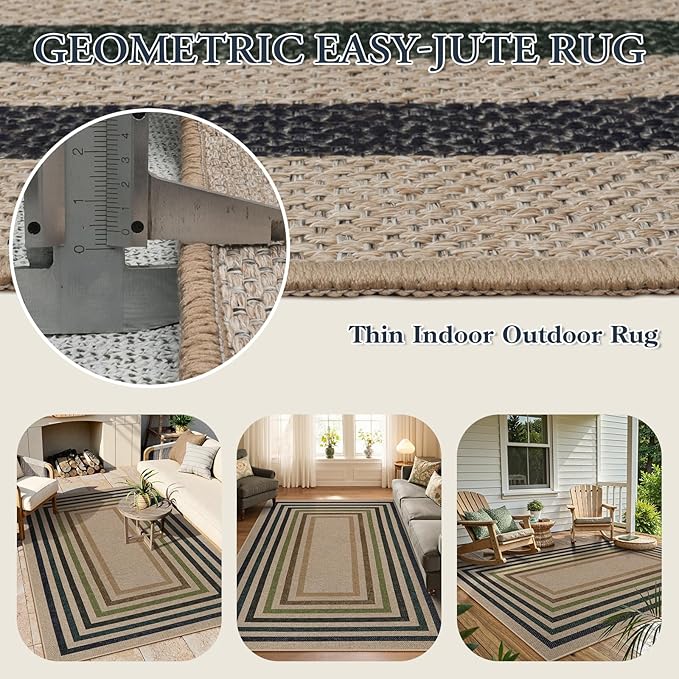 Lahome Enfys Modern Geometric Easy Jute Rug, Washable 5x7 Indoor Outdoor Rugs Farmhouse Large Dining Room Bedroom Carpet, Contemporary Non Slip Natural Throw Mat for Backyard Office RV