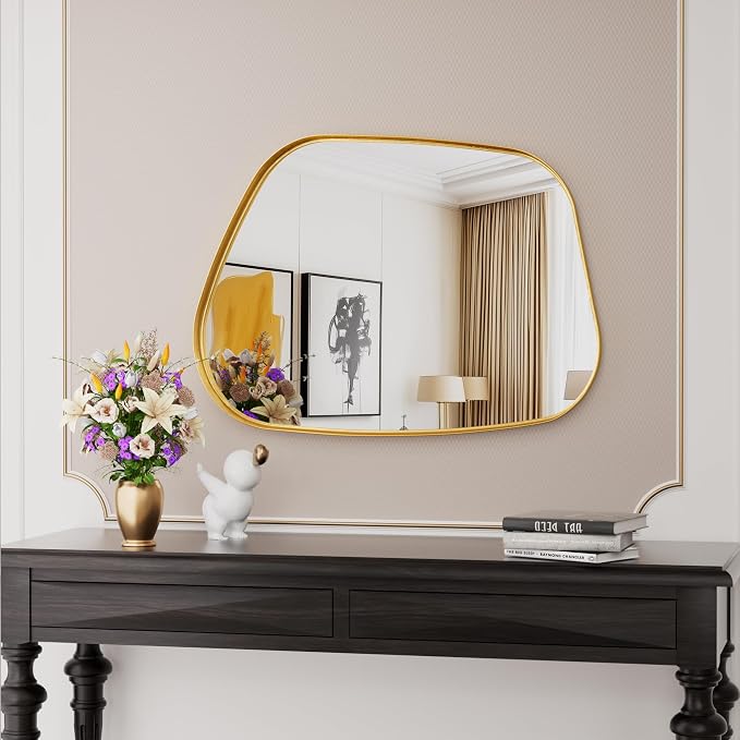 Irregular Wall Mirror 22"x30" Bathroom Mirrors Asymmetrical Artistic Decorative for Living Room Bedroom Bathroom Hallway Entryway,Trapezoid,Gold
