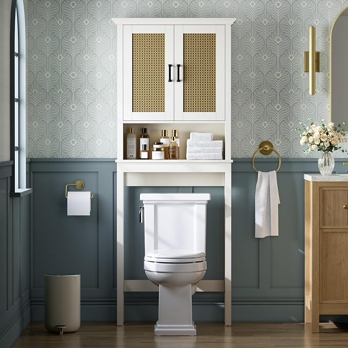 Over The Toilet Storage Cabinet, Over Toilet Storage Cabinet with Rattan Door and Anti-Tip, Above the Toilet Storage for Bathroom Behind the Toilet Bathroom Organizer, Rattan