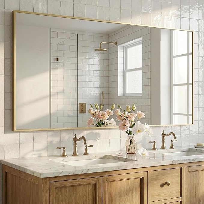 60"x30" Gold Landscape Bathroom Mirror for 60-72 inch Double Vanity, Shatterproof Tempered Glass, Narrow Metal Frame, Ultra-Flush