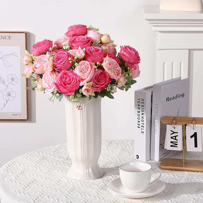 8 Pack Pink, Hot Pink Peonies Artificial Flowers, Fake Silk Hydrangea Bouquet for Bridal Wedding Home Table Decor Reusable Dining Opening Ceremony Birthday Arrangement Faux Floral
