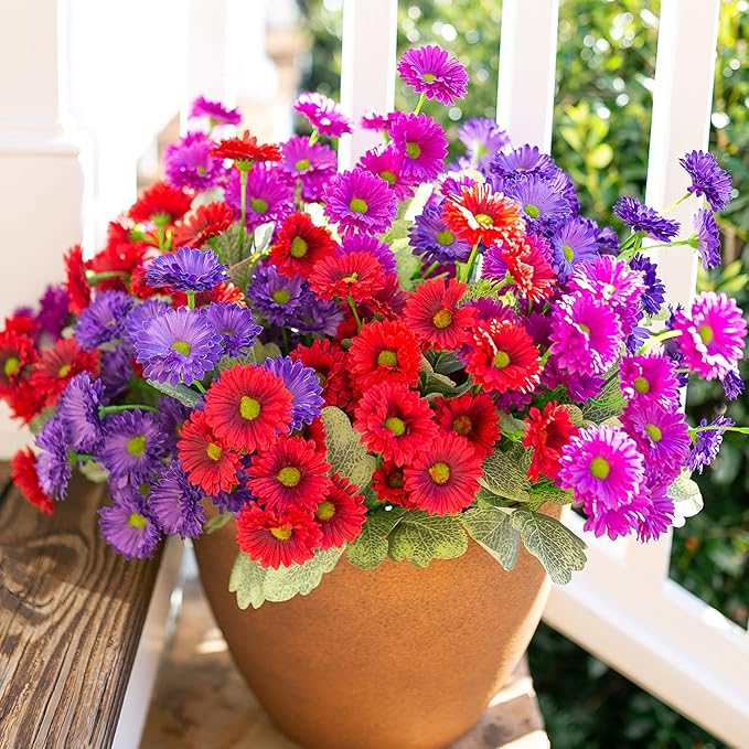 HyeFlora Dahlia Artificial Flowers for Outdoors Decoration, 6 Bundles Fake Daisy Faux Flowers Plants Realistic UV Resistant Silk Flowers for Outside Planter Front Door Yard Garden Indoor Home, Mix