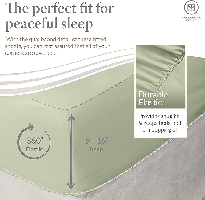 Threadmill - Hotel Luxury King Size Sheets 100% Cotton, 500 Thread Count Deep Pocket, Snug Fit, Soft & Crisp Cooling Hotel-Quality Bedsheets 4 Piece Set Sage Green