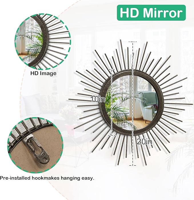 Sunburst Spoked Large Wall Mirror Boho Home Circle Art Mirror Modern Metal Mirror for Wall Decorative Bathroom Bedroom Vanity Hallway Balcony Living Room Entryway 20"