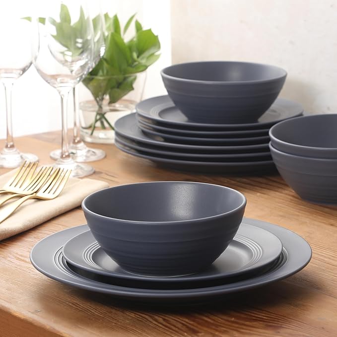 Gibson Elite Soleil 12 Piece Echo Blue Stoneware Dinnerware Set for 4, Plates and Bowls Set with Dinner Plates, Salad Plates and Bowls