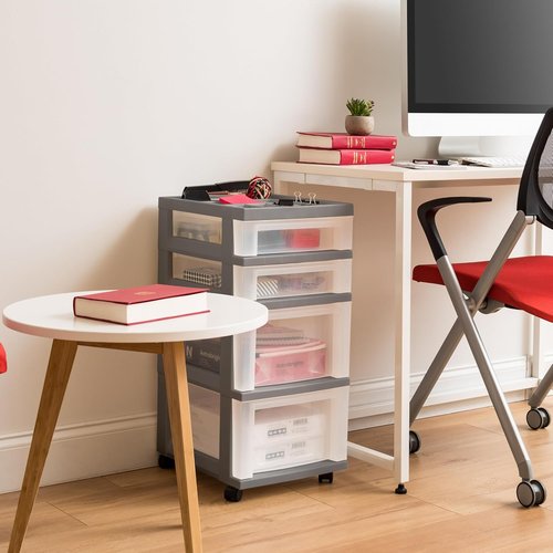 IRIS USA Rolling Storage Cart - Versatile Organizer for Classroom & Art Supplies | 4 Drawers, Gray/Clear