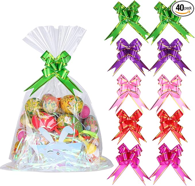 Kolewo4ever 40pcs Christmas Cellophane Bags Pull Bow Set 20pcs 12x18 inches Cellophane Basket Bags Wine Bottles Cellophane Wrap with 20pcs pull bows