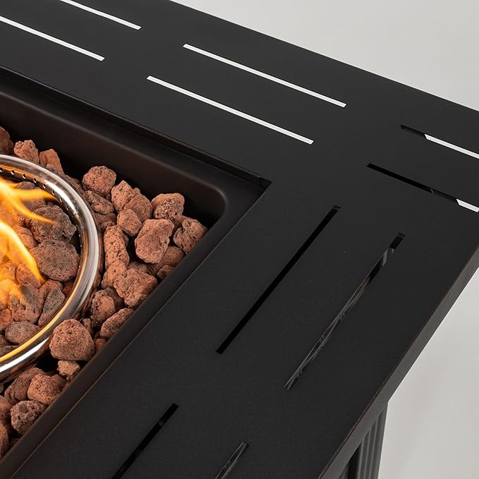 28" Propane Gas Fire Pit Table, 50000 BTU Square Steel Fire Pit with Lid & Volcanic Stones 2 in 1 Fire Pit Table Rock for Outside Patio Deck Garden Courtyard