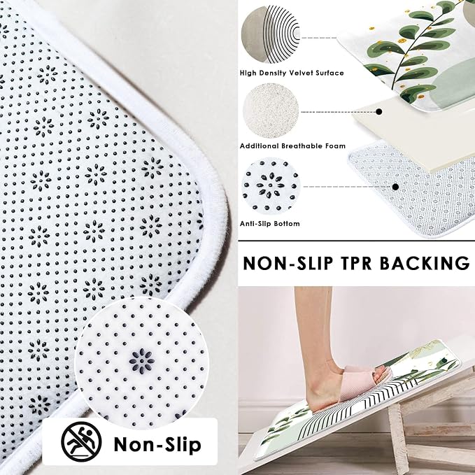 Boho Sage Green Mid Century Shower Curtain Set with Toilet Lid Cover and Non-Slip Rugs, Abstract Bohemian Gold Leaves Plant 4 Pcs Modern Minimalist Shower Curtain for Bathroom Set with 12 Hooks
