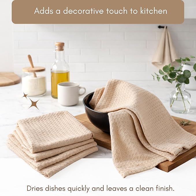 TWINY threads Kitchen Towel Waffle Weave, 6 Pack, 16x26 Inches, Premium Cotton Dish Rags, Absorbent Quick Drying Linen for Home and Restaurant Kitchens, Reusable Wash Cloths for Drying Dishes, Beige