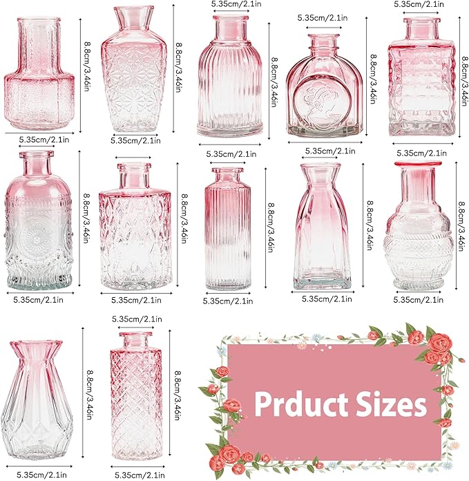 Glass Bud Vases Set of 12, 12Pcs Glass Bud Vases,Small Glass Vases for Centerpieces,Pink Vase for Flowers,Mini Vintage Flower Vase in Bulk for Rusti Wedding Home Room Office Table Decor(Pink)