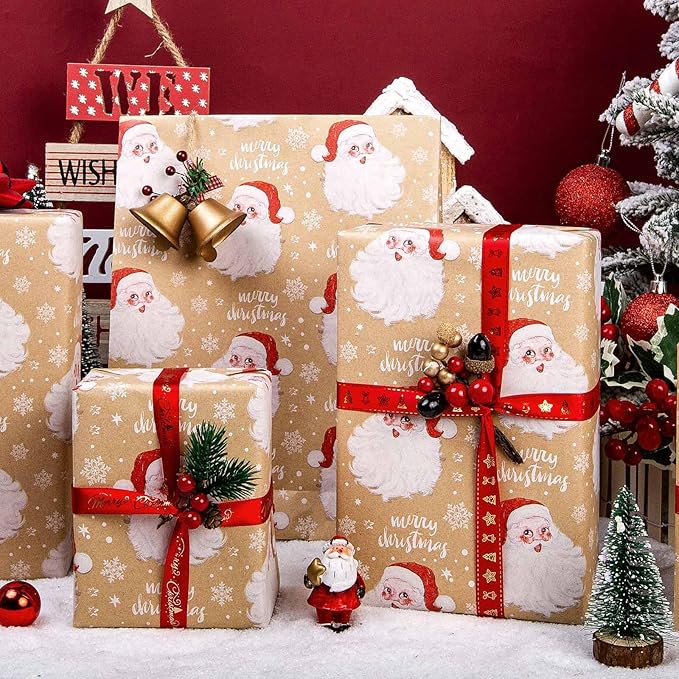 MAYPLUSS Christmas Wrapping Paper Roll - 17IN X 33FT - Kraft Gift Wrapping Paper Featuring Cute Santa Claus Snowflake Reversible Cut Lines for Kids, Holiday, New Year