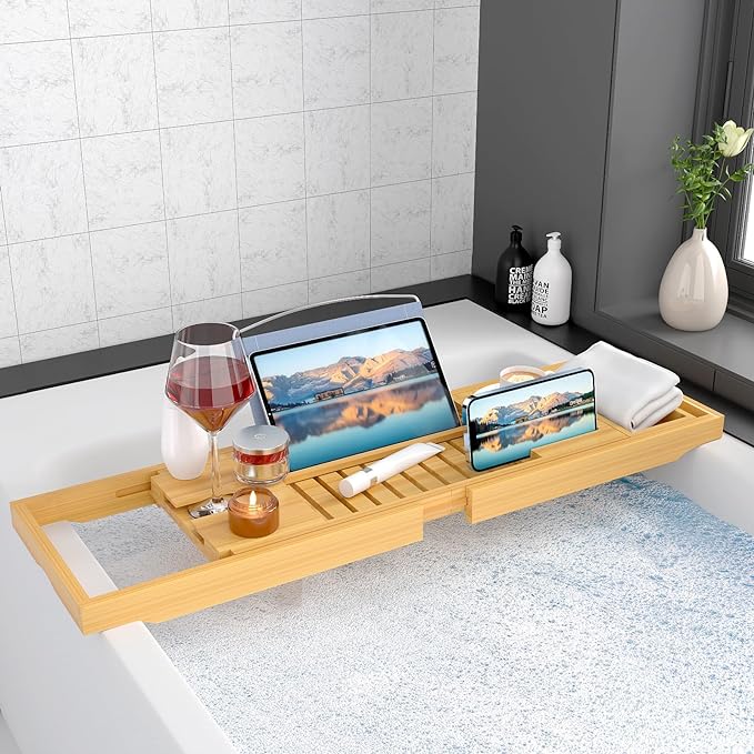 Sen Yi Bao Luxury Bamboo Bathtub Tray - Wooden Expandable Caddy with Book, Tablet, Wine Holder - Gift Idea