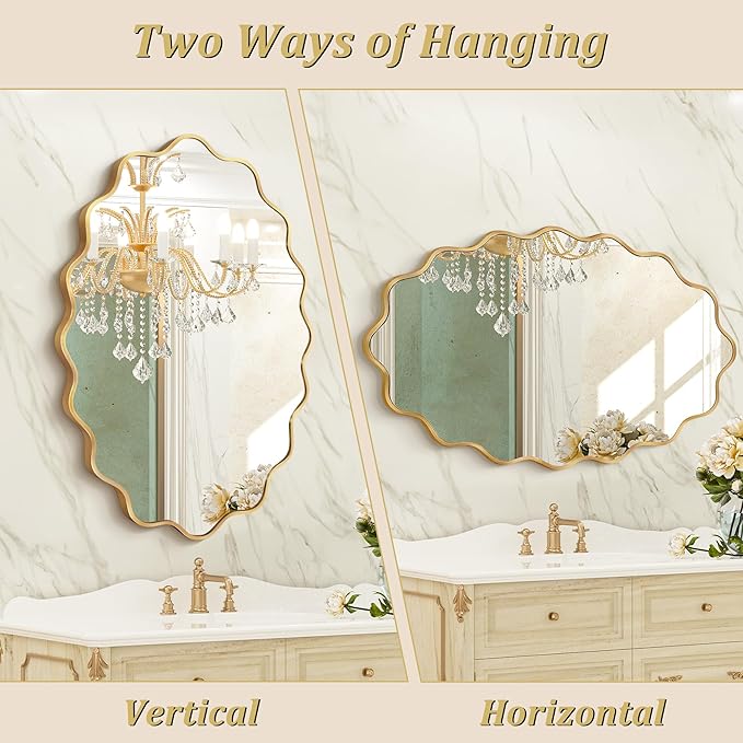 Oval Wavy Wall Mirror -Irregular Wall Mirror with Gold Asymmetrical Aluminum Alloy Frame,24"x36" Decorative Wall Mirrors for Bathroom, Bedroom, Living Room, Dining Room，Entryway