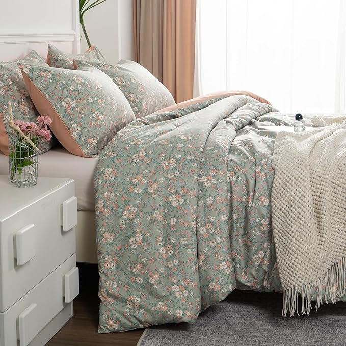Floral Queen Comforter Set 3 Pieces Soft Chic Garden Style Vintage Floral Print Lightweight Botanical Flower Comforter Set for All Seasons 1 Comforter and 2 Pillowcases (Queen)