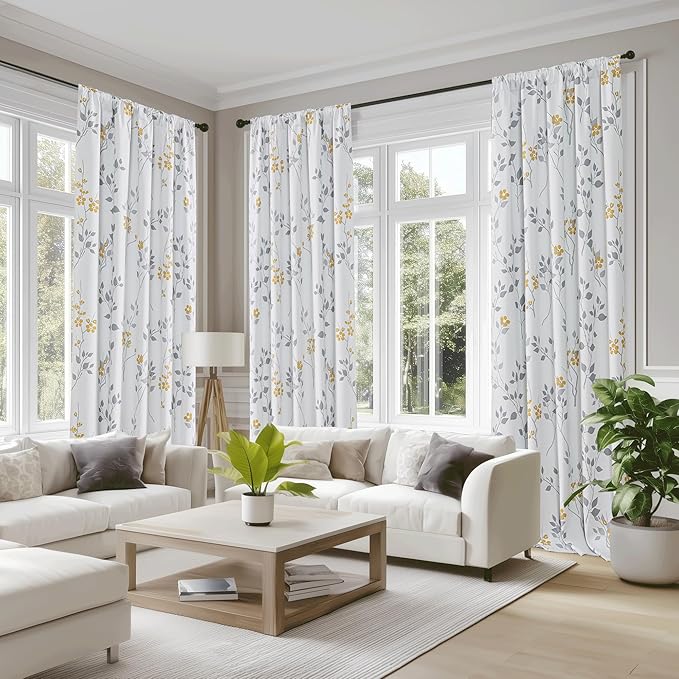Beauoop Floral 100% Blackout Curtains 96 Inches Long 2 Panels for Bedroom Living Room Yellow Grey and White Flower Patterned Room Darkening Thermal Soundproof Rod Pocket Back Tab Window Drapes, 52X96