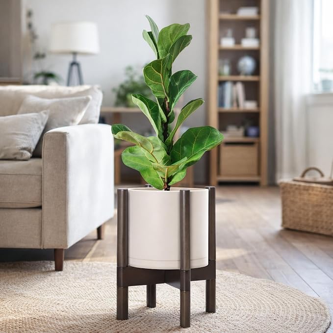 D'vine Dev Planter Pot with Stand - 8 Inch Plastic Cylinder Flower Pot with Wood Planter Holder for Indoor, Oatmeal Pot + Walnut Color Stand, 55-C-I-4