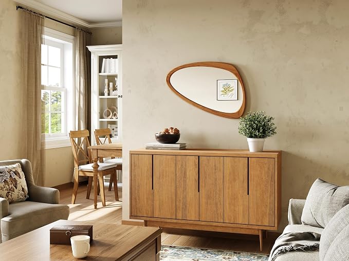 Asymmetrical Wall Mirror, 19x30 InchMid Century Modern Mirrors | Irregular Wall Mirror with Pine Wooden Frame for Living Room Bedroom Bathroom Entryway Hangs Horizontally or Vertically