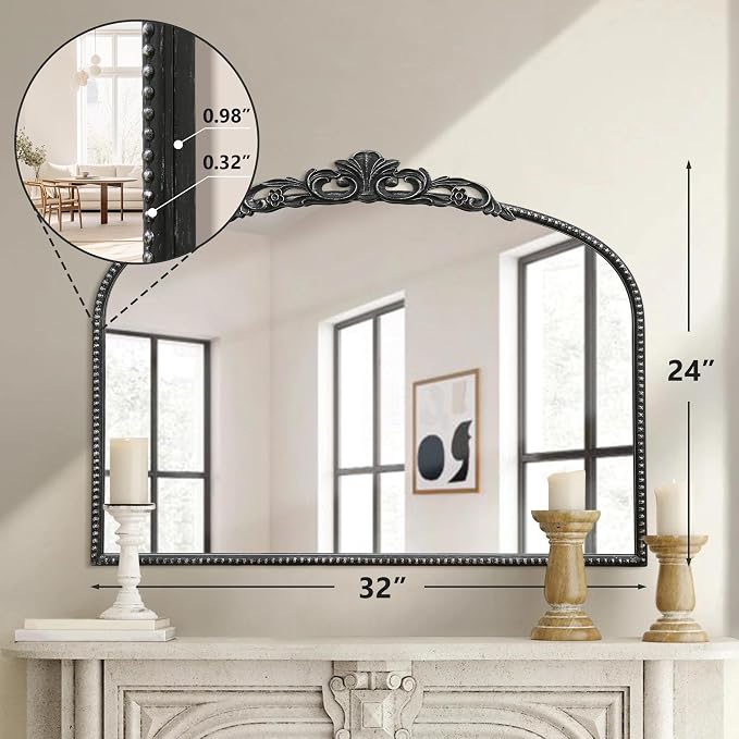 Micasso Vintage Wall Black Mirror: 32"x24" French Baroque Antique Mirror - Traditional Ornate Decorative Arched for Wall/Bathroom/Entryway/Fireplace/Hallway - Home Decor for Living Room